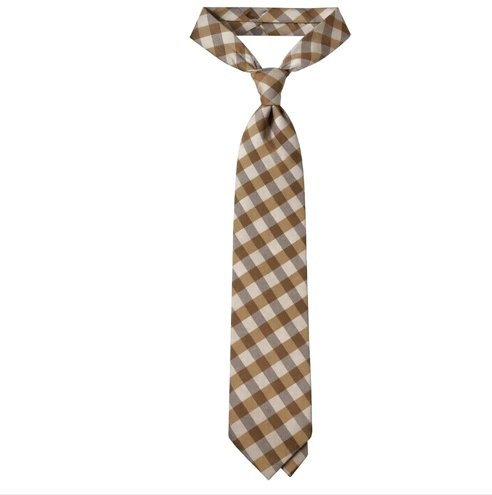 LANDS END Vintage Silk Tie Long Tan Cream Check Necktie Classic